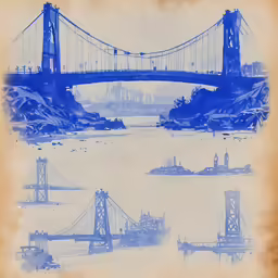 an illustration of three bridge designs in blue ink