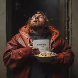 a man eating food on the bottom half of a bowl