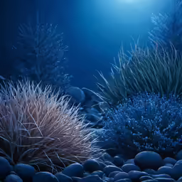 some blue plant life on a rocky ground