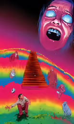 a man standing next to a pyramid on top of a rainbow colored field