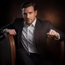 a man in a suit sits on a chair