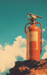 an orange propanent sitting atop a mountain overlooking clouds