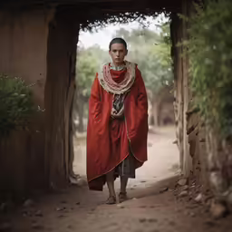 a woman in a red cape is standing in an archway