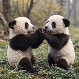 two panda bears touching hands with each other