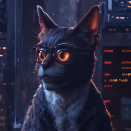 a black cat wearing some glowing glasses in the city