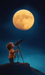 a little boy that is standing in front of a telescope