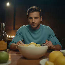 a man sitting at a table with fruit on it