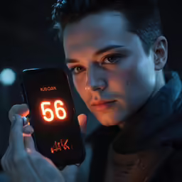 young man holding up a black smart phone with the number 68 on it