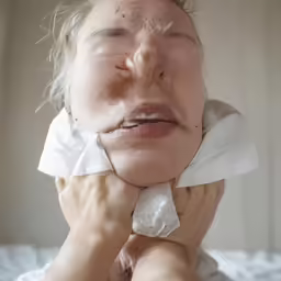 an older woman poses with her face partially hidden by a napkin