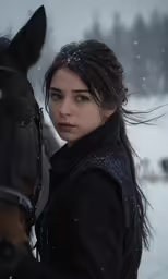 woman in black coat walking in snow near horse