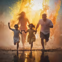family running in front of a fire with flare