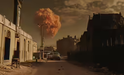 a large plume of smoke towering over a town