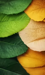 a yellow and green leaf with other leaves on top