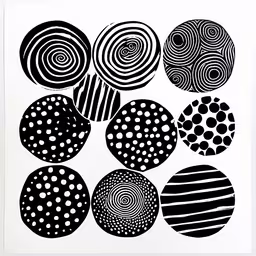 a black and white abstract artwork on a wall,a black and white artwork with circles, balls and stripes on a white background