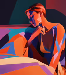 a painting of a woman laying on her bed,there is a woman that is sitting on the couch