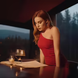 the woman is sitting at a desk and looking at a paper with wineglasses