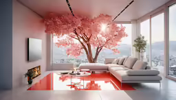 an orange floor in front of a tree and a sofa