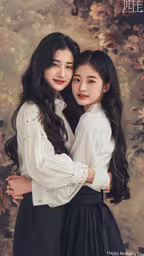 two girls posing in front of a floral background,two asian girls are embracing each other with their heads on the back of their shoulders