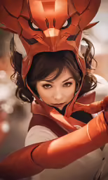 a beautiful young woman posing in a red costume