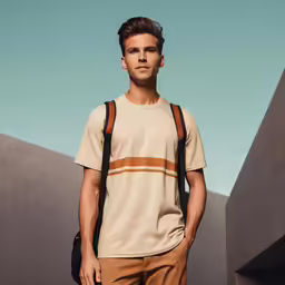 a man standing in front of a building while wearing a tan t - shirt