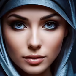 a woman with blue eyes and silver shawl