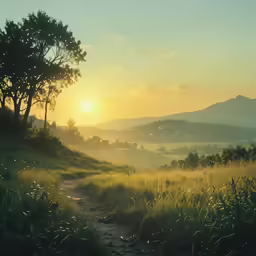 a path in the grass leading to a mountain