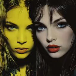 two women are standing close to each other with yellow, orange and green colored lighting on them