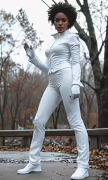 a woman in white clothes posing for a picture