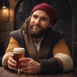 a man wearing a red hat holding a beer