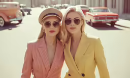 two blonde women in suits pose next to a classic car