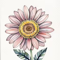 a watercolor drawing of a flower with a blue background,a painting of a pink sunflower with a green stem