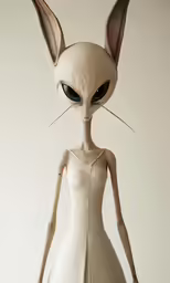 a white and black figure wearing an alien like outfit