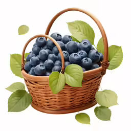 a basket filled with blueberries and green leaves