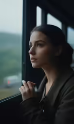 a woman looking out a window in front of a mountain