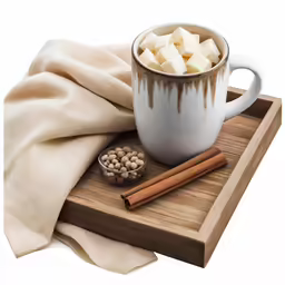 coffee cup with cocoa and cinnamon on a wood tray