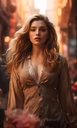 woman in long coat standing on street with city lights behind her
