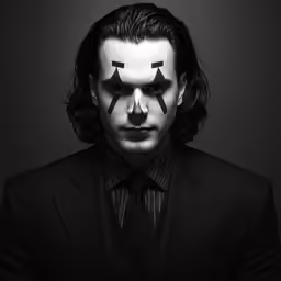 a man in a black suit with two crosses painted on his face