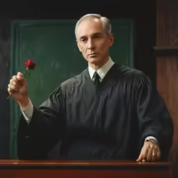 man in black robes holding a flower at the front of his body