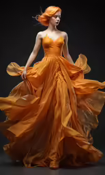 a girl with red hair in an orange dress