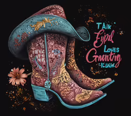 a painting of a cowboy boot wearing a floral hat