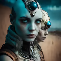 two females are wearing blue and gold costumes