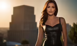 a young woman standing next to a large skyscraper
