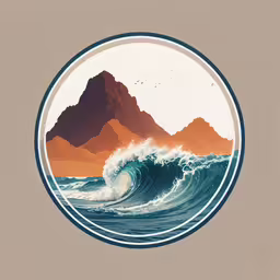 an abstract picture of mountains over the water,a white circle on a beige background with a stylized image of waves