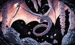 an artistic illustration of a dragon with wings open