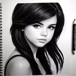 a girl is shown next to a pencil and paper