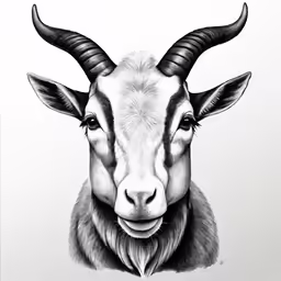 an illustration of a horned goat in black and white