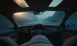 dashboard view of the inside of a car during a foggy day
