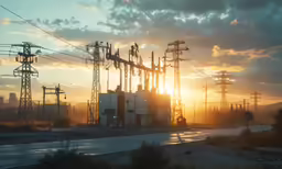 a bunch of power poles and power poles in the sunset
