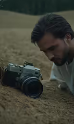 a man lays down in the grass, his camera next to him