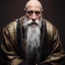 an older man with a white beard and long white beard, wearing a golden robe